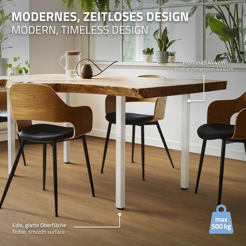 4er Set Tischbeine I-Design 72 cm Weiß glänzend Tischgestell aus pulverbeschichteter Stahl, Profil 4x4 cm, höhenverstellbare Möbelfüße ML-Design