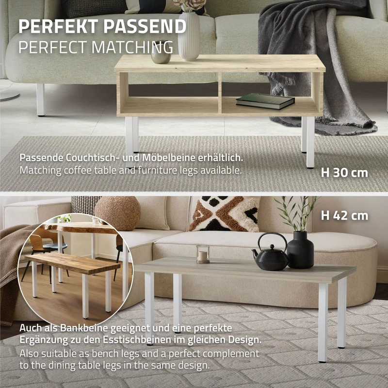 4er Set Tischbeine I-Design 72 cm Weiß glänzend Tischgestell aus pulverbeschichteter Stahl, Profil 4x4 cm, höhenverstellbare Möbelfüße ML-Design