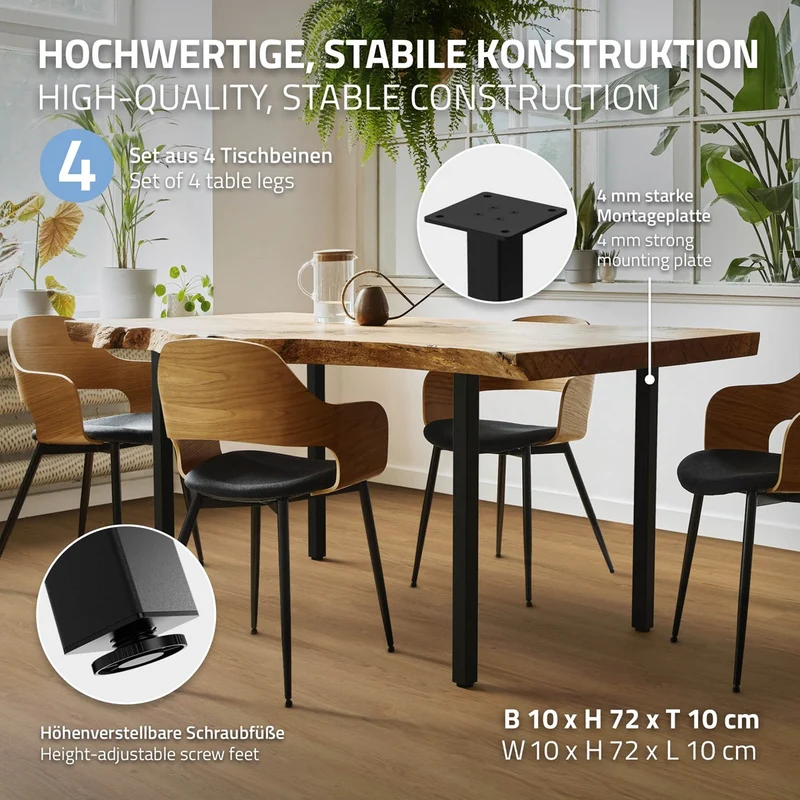 4er Set Tischbeine I-Design 72 cm Schwarz Tischgestell aus pulverbeschichteter Stahl, Profil 4x4 cm, höhenverstellbare Möbelfüße ML-Design
