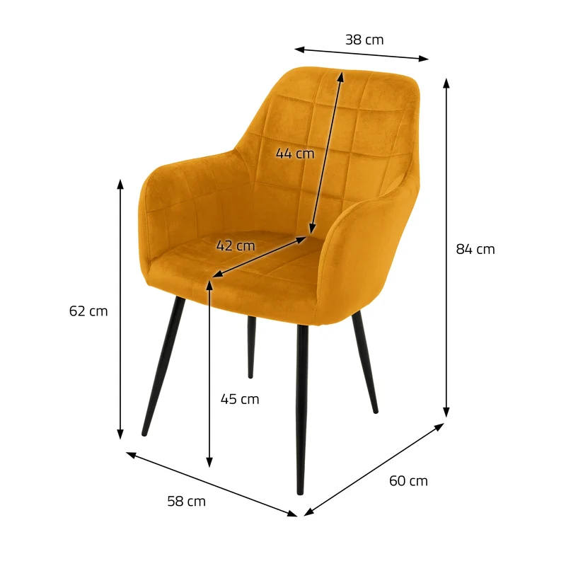 6er Set Esszimmerstühle mit Rücken- & Armlehne Senf Samtbezug Quadrat Steppung mit Metallbeinen ML-Design