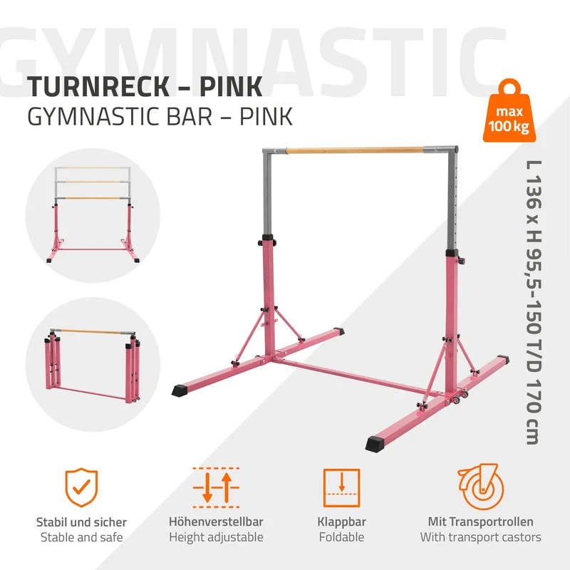 Gymnastik Turnreck faltbar, Pink, Gymnastikstange für Kinder, Reckstange höhenverstellbar 95,5-150 cm Hauki