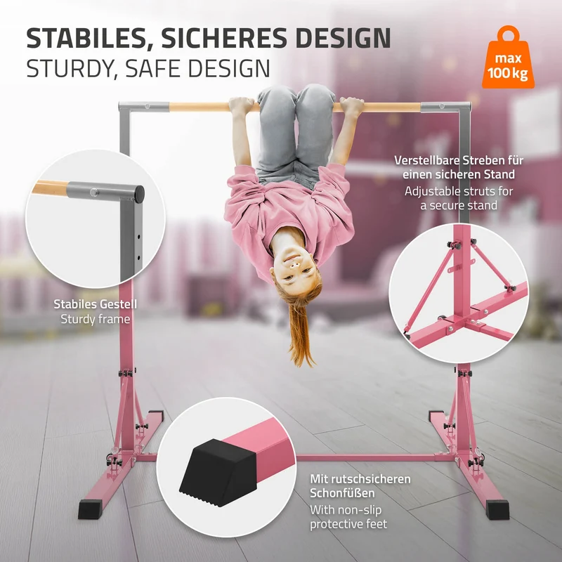 Gymnastik Turnreck faltbar, Pink, Gymnastikstange für Kinder, Reckstange höhenverstellbar 95,5-150 cm Hauki