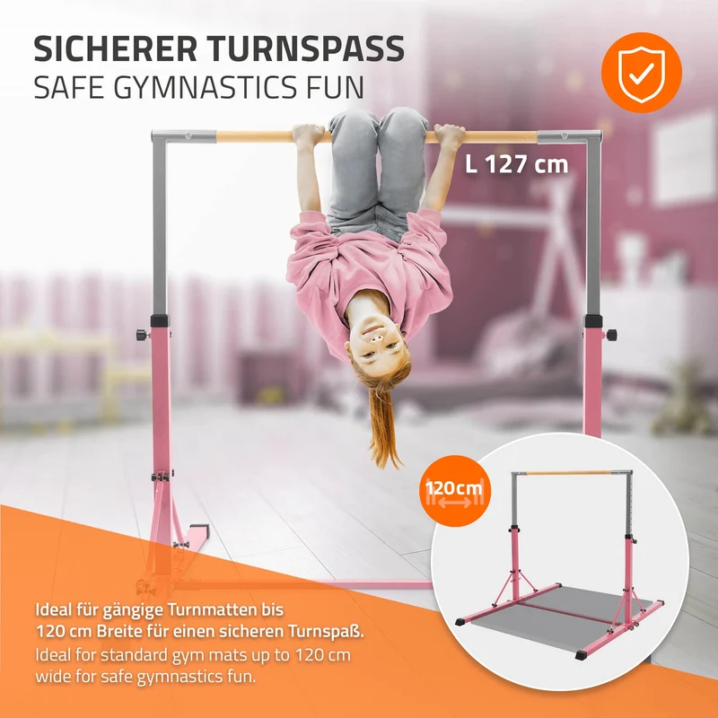 Gymnastik Turnreck faltbar, Pink, Gymnastikstange für Kinder, Reckstange höhenverstellbar 95,5-150 cm Hauki