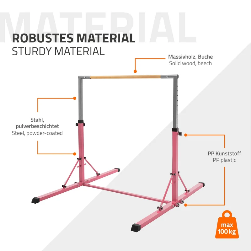 Gymnastik Turnreck faltbar, Pink, Gymnastikstange für Kinder, Reckstange höhenverstellbar 95,5-150 cm Hauki