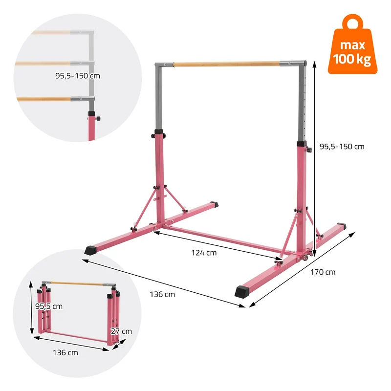 Gymnastik Turnreck faltbar, Pink, Gymnastikstange für Kinder, Reckstange höhenverstellbar 95,5-150 cm Hauki