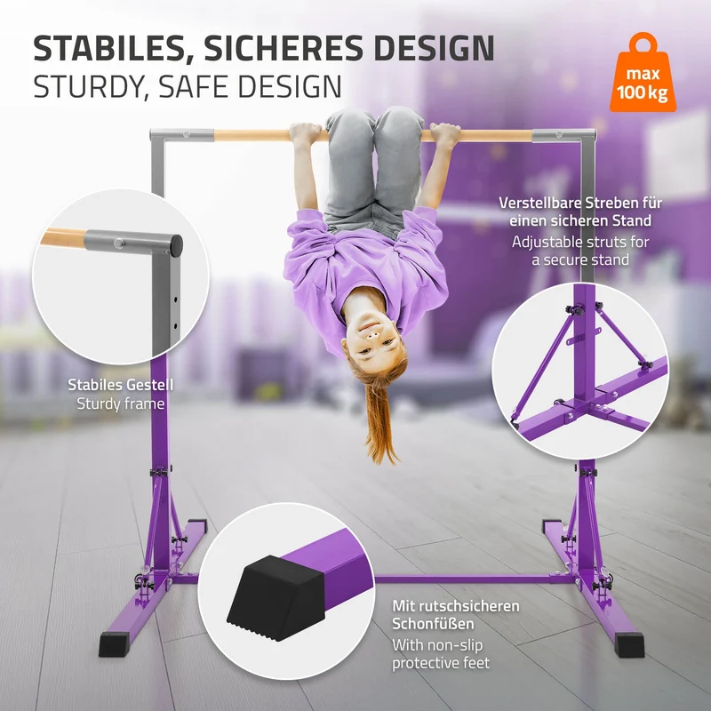 Gymnastik Turnreck faltbar, Lila, Gymnastikstange für Kinder, Reckstange höhenverstellbar 95,5-150 cm Hauki