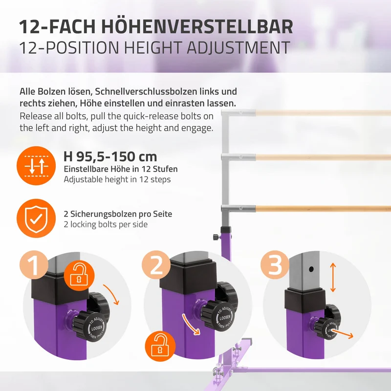 Gymnastik Turnreck faltbar, Lila, Gymnastikstange für Kinder, Reckstange höhenverstellbar 95,5-150 cm Hauki