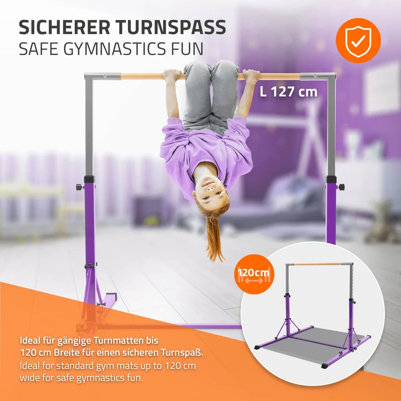 Gymnastik Turnreck faltbar, Lila, Gymnastikstange für Kinder, Reckstange höhenverstellbar 95,5-150 cm Hauki