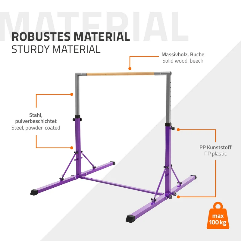 Gymnastik Turnreck faltbar, Lila, Gymnastikstange für Kinder, Reckstange höhenverstellbar 95,5-150 cm Hauki