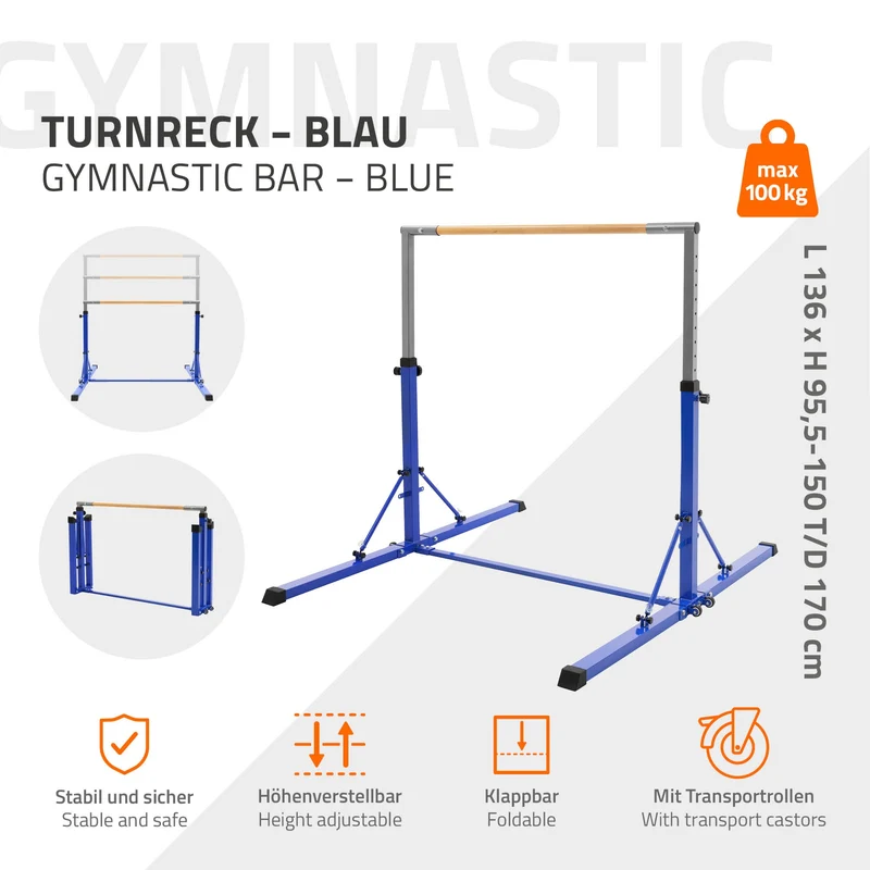 Gymnastik Turnreck faltbar, Blau, Gymnastikstange für Kinder, Reckstange höhenverstellbar 95,5-150 cm Hauki