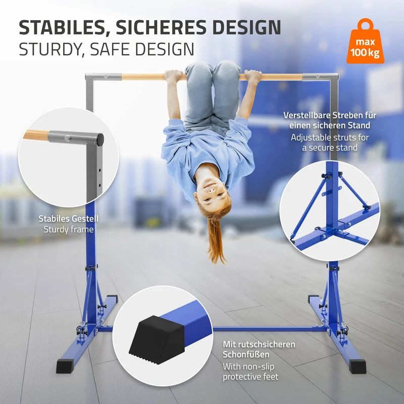 Gymnastik Turnreck faltbar, Blau, Gymnastikstange für Kinder, Reckstange höhenverstellbar 95,5-150 cm Hauki