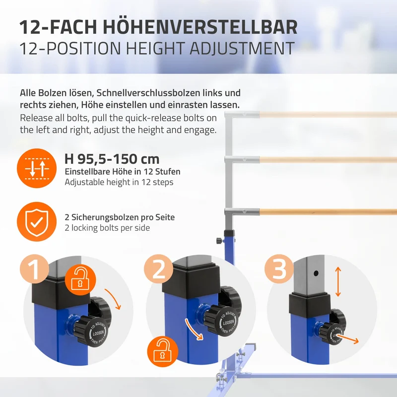 Gymnastik Turnreck faltbar, Blau, Gymnastikstange für Kinder, Reckstange höhenverstellbar 95,5-150 cm Hauki