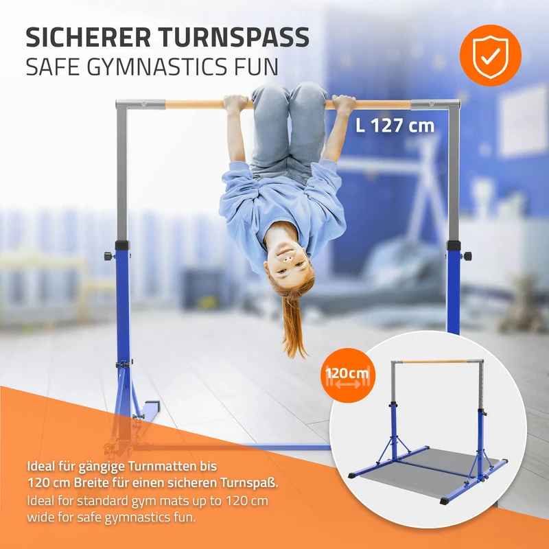 Gymnastik Turnreck faltbar, Blau, Gymnastikstange für Kinder, Reckstange höhenverstellbar 95,5-150 cm Hauki