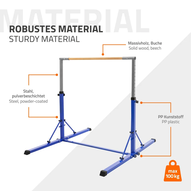 Gymnastik Turnreck faltbar, Blau, Gymnastikstange für Kinder, Reckstange höhenverstellbar 95,5-150 cm Hauki