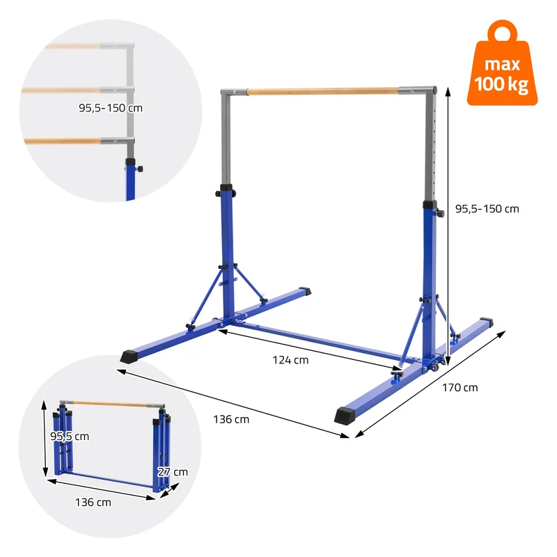 Gymnastik Turnreck faltbar, Blau, Gymnastikstange für Kinder, Reckstange höhenverstellbar 95,5-150 cm Hauki