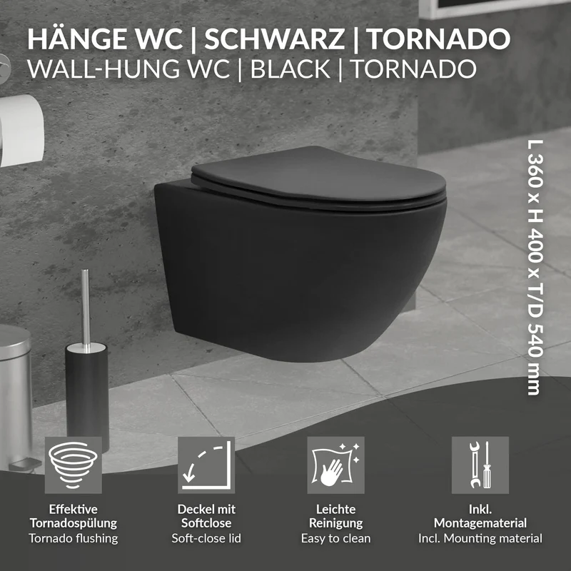 Wand-WC Hänge Toilette aus Keramik Matt Schwarz 54 cm lang Spülrandlos mit Nanoversiegelung & Softclose Luxebath