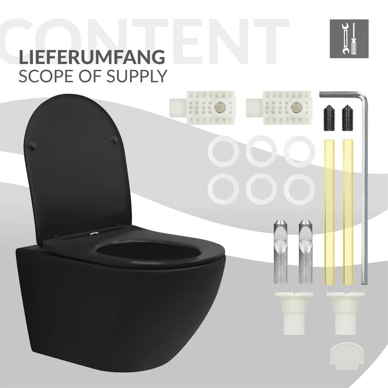 Wand-WC Hänge Toilette aus Keramik Matt Schwarz 54 cm lang Spülrandlos mit Nanoversiegelung & Softclose Luxebath