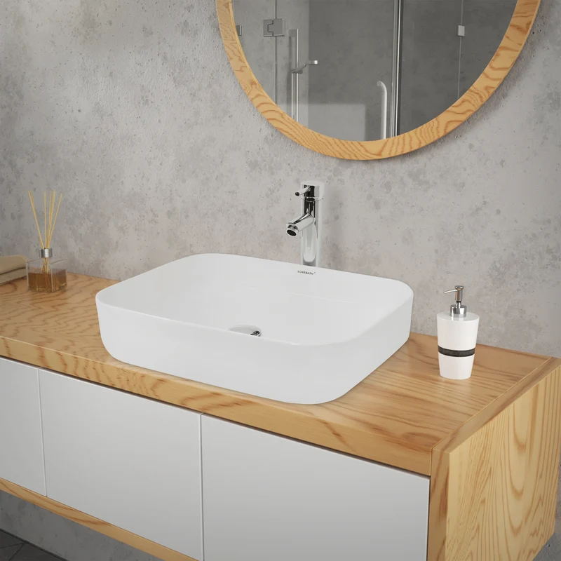 Waschbecken inkl. Ablaufgarnitur ohne Überlauf 50,5x39,5x13,5 cm Weiß aus Keramik LuxeBath