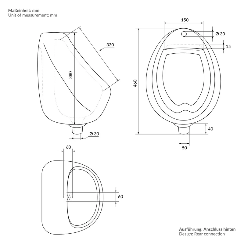 Urinal Pissoir aus Keramik mit Zulauf von Hinten Luxebath