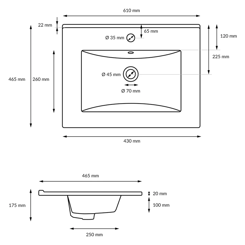 Waschbecken Rechteckig mit Überlauf 610x465x175 mm Weiß aus Keramik LuxeBath