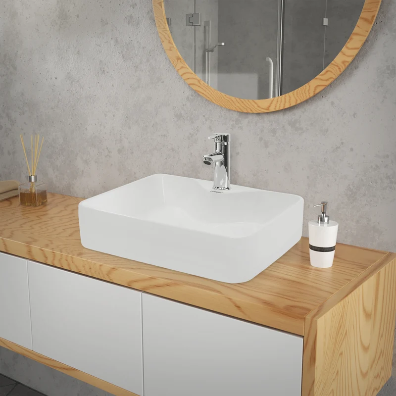 Waschbecken inkl. Ablaufgarnitur Weiß ohne Überlauf 48x38x14 cm Weiß aus Keramik LuxeBath