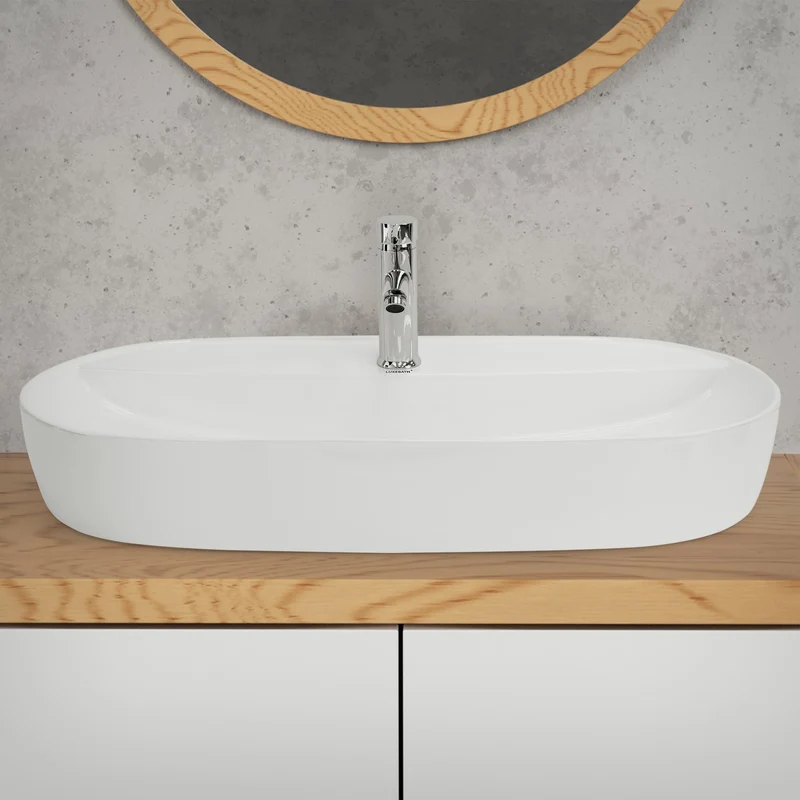 Waschbecken Oval ohne Überlauf 80x40x12 cm Weiß aus Keramik LuxeBath