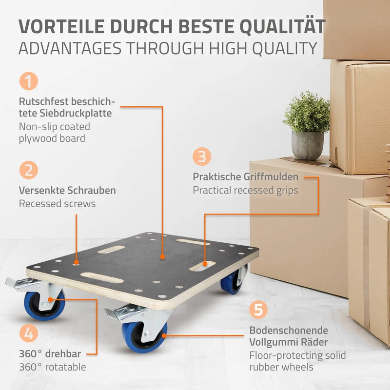2er Set Rollbrett Möbelroller 40 x 60 cm aus Multiplex mit Feststellbremsen Tragkraft 800 kg