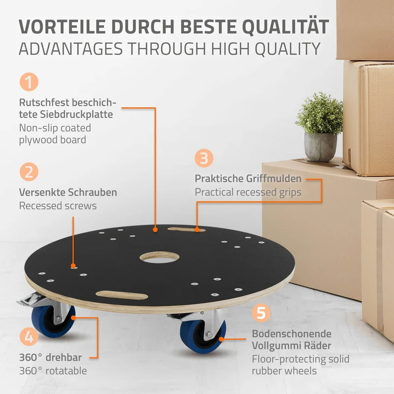 Rollbrett Möbelroller rund Ø 67 cm aus Multiplex mit Feststellbremsen Tragkraft 800 kg