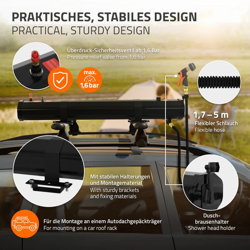 ML-Design | Camping-Solardusche fürs Autodach mit Drucksystem, Tragbare, Solarbeheizte Campingdusche für SUV & Offroad