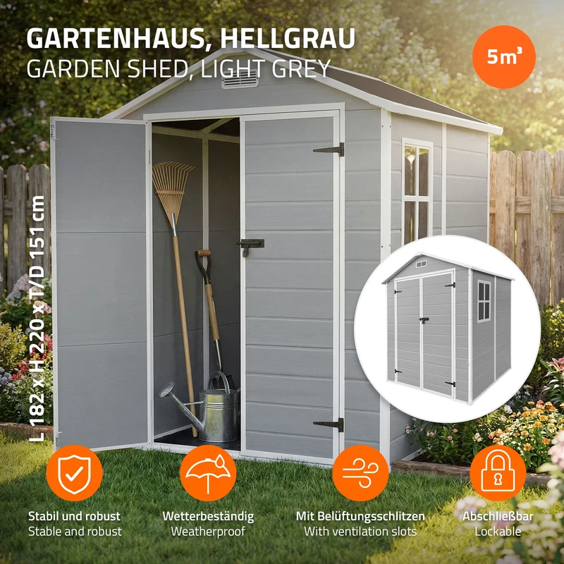 ECD Germany | Gartenhaus mit Boden & Satteldach 5m³, 151x182x220 cm, aus Kunststoff, Gerätehaus Geräteschuppen mit Fenster Doppeltüren