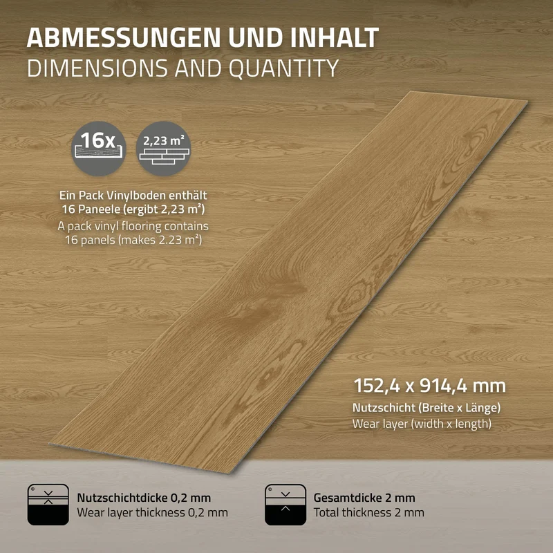 3x Deluxe PVC Klebevinylboden für 2,23 m² Natur Eiche 2 mm dick ML-Design