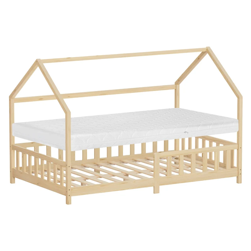 ML-Design | Kinderbett mit Dach, Rausfallschutz und Lattenrost, mit/ohne Matratze, aus Kiefernholz, Hausbett, Holzbett