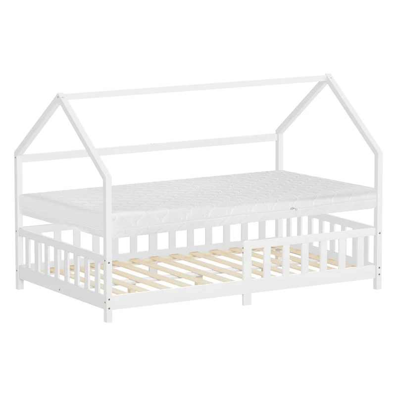 ML-Design | Kinderbett mit Dach, Rausfallschutz und Lattenrost, mit/ohne Matratze, aus Kiefernholz, Hausbett, Holzbett