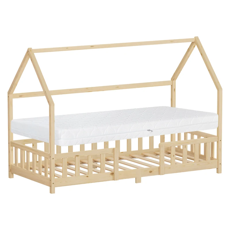 ML-Design | Kinderbett mit Dach, Rausfallschutz und Lattenrost, mit/ohne Matratze, aus Kiefernholz, Hausbett, Holzbett