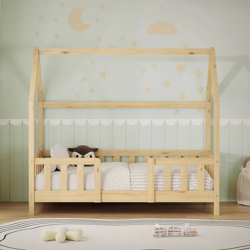 ML-Design | Kinderbett mit Dach, Rausfallschutz und Lattenrost, mit/ohne Matratze, aus Kiefernholz, Hausbett, Holzbett