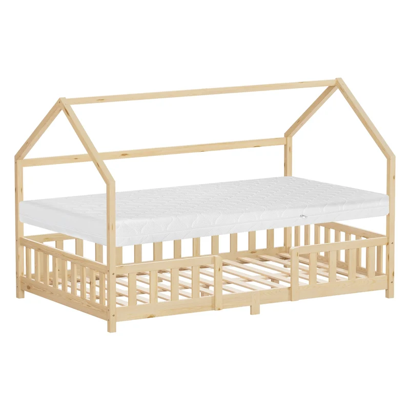 ML-Design | Kinderbett mit Dach, Rausfallschutz und Lattenrost, mit/ohne Matratze, aus Kiefernholz, Hausbett, Holzbett