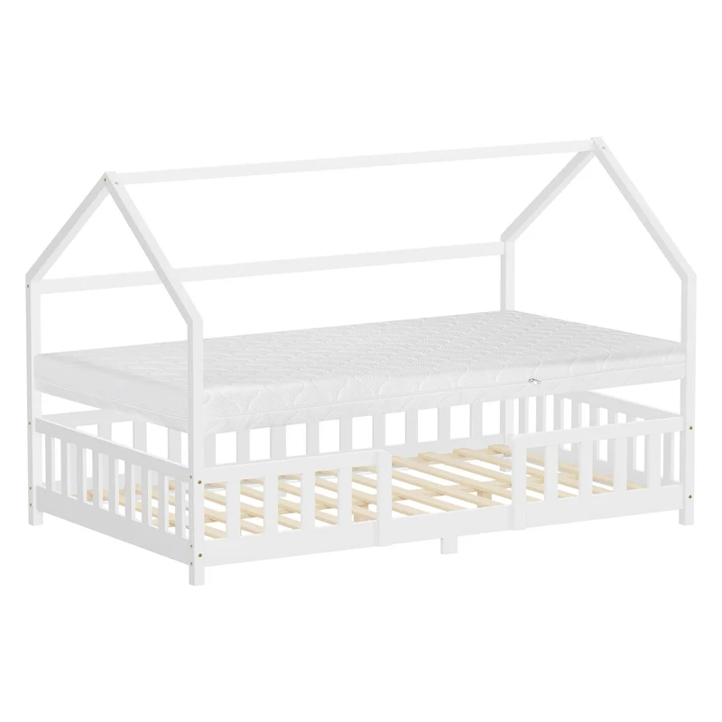ML-Design | Kinderbett mit Dach, Rausfallschutz und Lattenrost, mit/ohne Matratze, aus Kiefernholz, Hausbett, Holzbett
