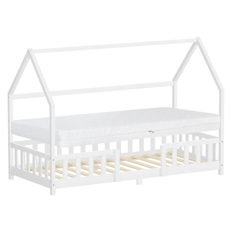 ML-Design | Kinderbett mit Dach, Rausfallschutz und Lattenrost, mit/ohne Matratze, aus Kiefernholz, Hausbett, Holzbett