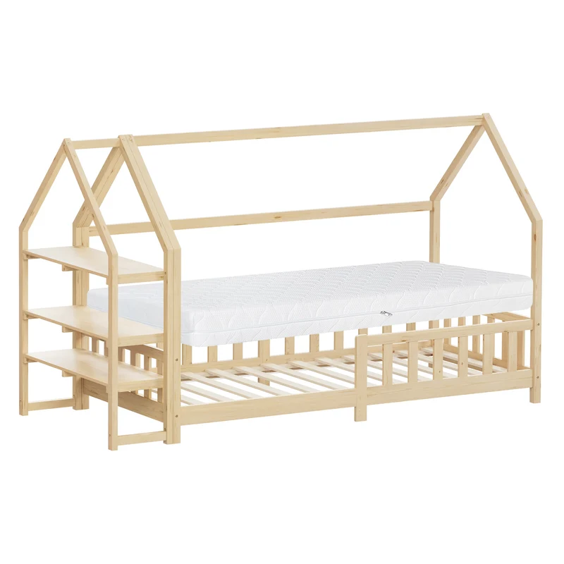 ML-Design | Kinderbett mit Rausfallschutz und Lattenrost, mit/ohne Matratze, aus Kiefernholz, Hausbett mit Regal & Dach, Holzbett