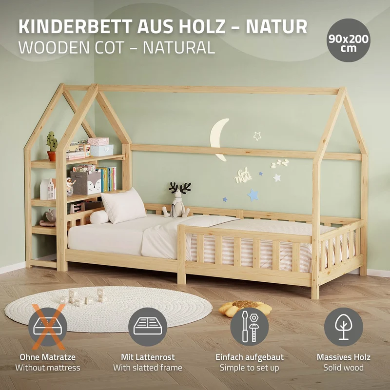 ML-Design | Kinderbett mit Rausfallschutz und Lattenrost, mit/ohne Matratze, aus Kiefernholz, Hausbett mit Regal & Dach, Holzbett