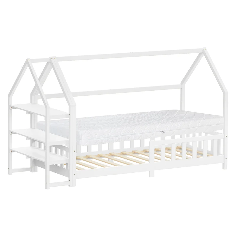 ML-Design | Kinderbett mit Rausfallschutz und Lattenrost, mit/ohne Matratze, aus Kiefernholz, Hausbett mit Regal & Dach, Holzbett