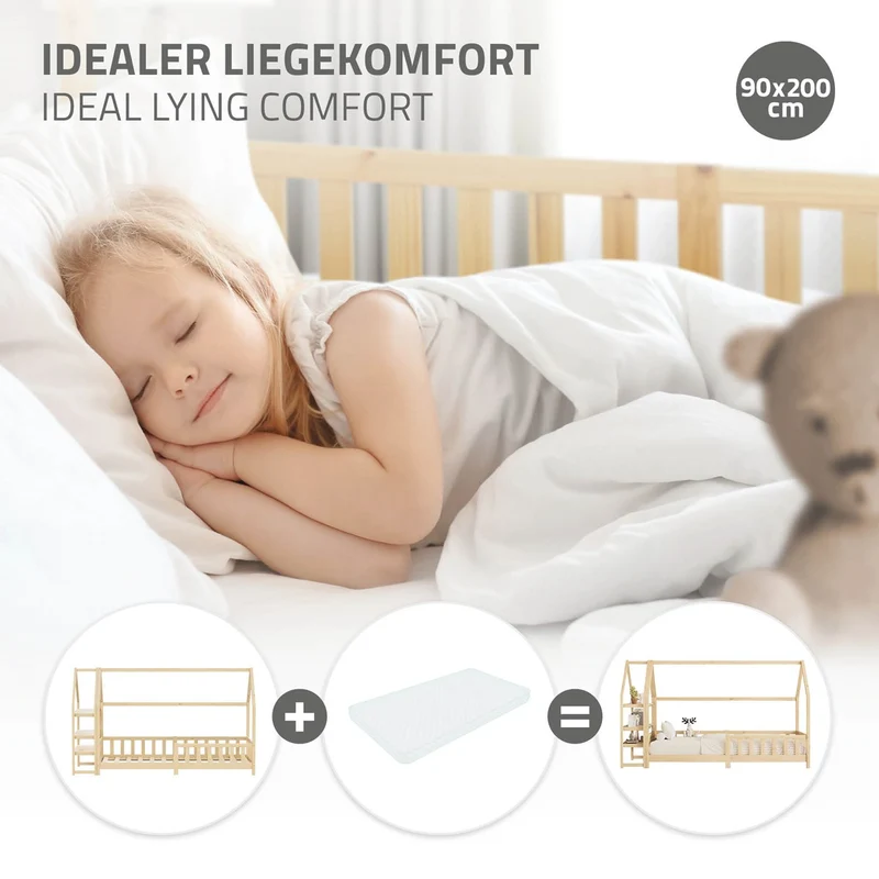 ML-Design | Kinderbett mit Rausfallschutz und Lattenrost, mit/ohne Matratze, aus Kiefernholz, Hausbett mit Regal & Dach, Holzbett