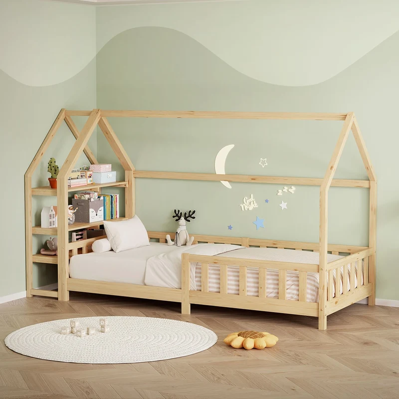 ML-Design | Kinderbett mit Rausfallschutz und Lattenrost, mit/ohne Matratze, aus Kiefernholz, Hausbett mit Regal & Dach, Holzbett
