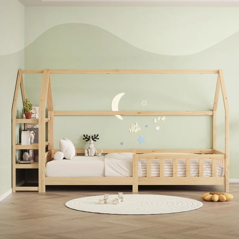 ML-Design | Kinderbett mit Rausfallschutz und Lattenrost, mit/ohne Matratze, aus Kiefernholz, Hausbett mit Regal & Dach, Holzbett
