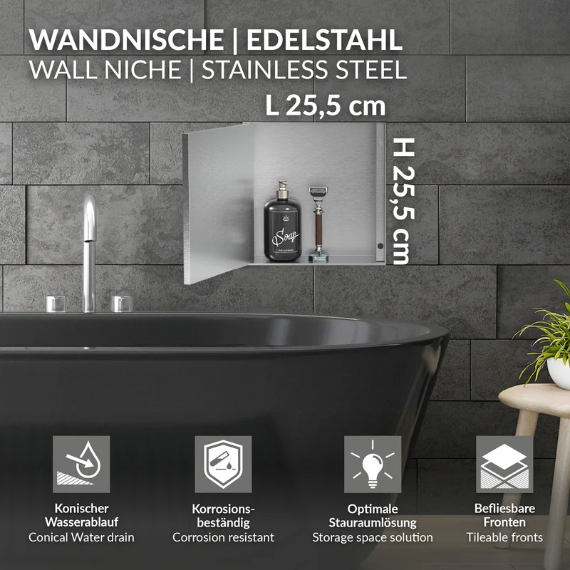 LuxeBath | Wandnische Dusche randlos mit befliesbarer Tür aus Edelstahl Duschnische Duschablage