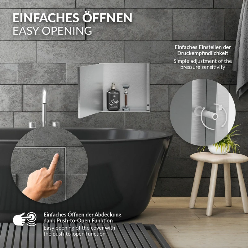 LuxeBath | Wandnische Dusche randlos mit befliesbarer Tür aus Edelstahl Duschnische Duschablage