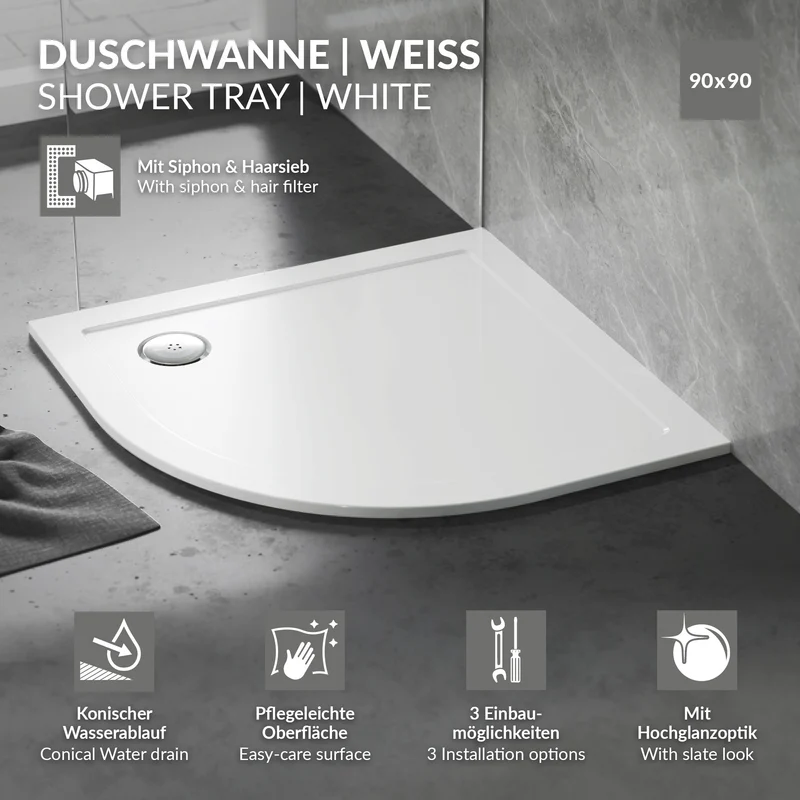 LuxeBath | Duschwanne mit Ablaufgarnitur 90x90 cm aus SMC Weiß Duschtasse Brausewanne rund Komplett Set mit Siphon für Duschkabine