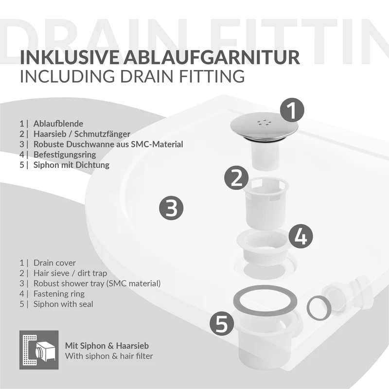 LuxeBath | Duschwanne mit Ablaufgarnitur 90x90 cm aus SMC Weiß Duschtasse Brausewanne rund Komplett Set mit Siphon für Duschkabine