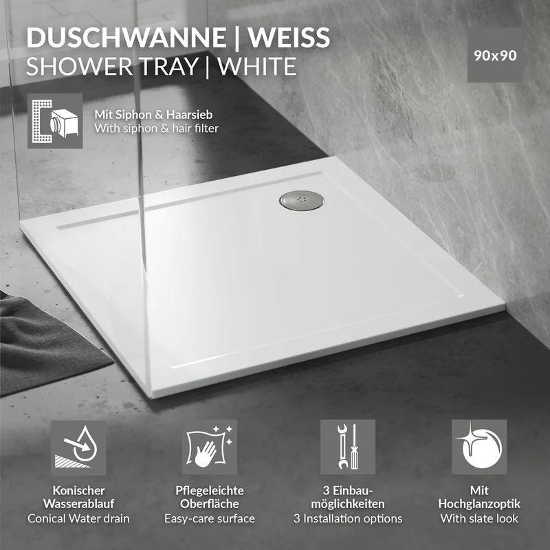 LuxeBath | Duschwanne mit Ablaufgarnitur 90x90 cm aus SMC Weiß Duschtasse Brausewanne eckig Komplett Set mit Siphon für Duschkabine