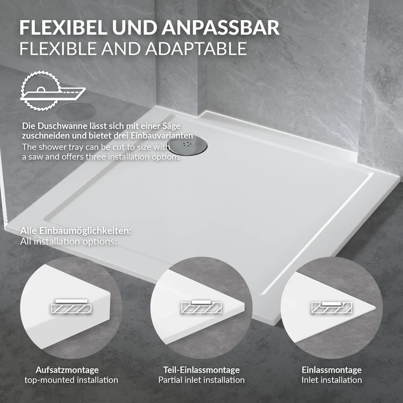 LuxeBath | Duschwanne mit Ablaufgarnitur 90x90 cm aus SMC Weiß Duschtasse Brausewanne eckig Komplett Set mit Siphon für Duschkabine
